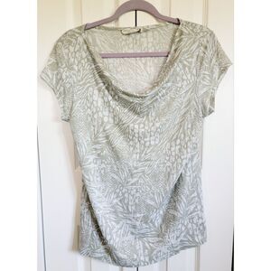 Christian Siriano‎ L Linen Short Sleeve Relaxed Fit Top Womens Tan Olive Flora